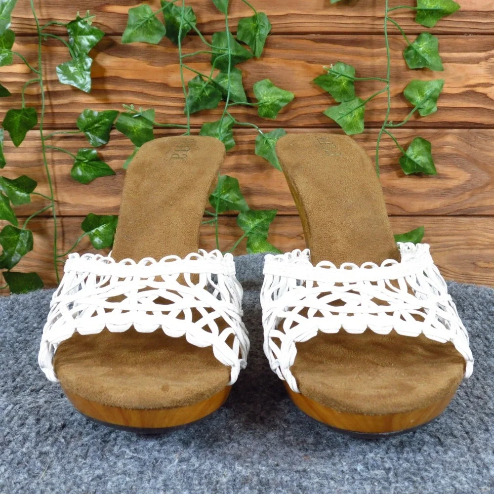 a.n.a. 023-5462 Women Woven Slide Sandals Size 10M Dressy White Faux Wood Heel